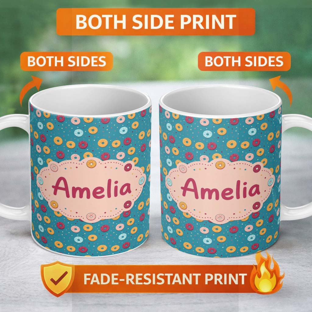 Personalized Custom Name Playful Donut Sprinkle Pattern on Blue Background Seamless Name Cute 11oz Ceramic Coffee Tea Mug White Large Handle