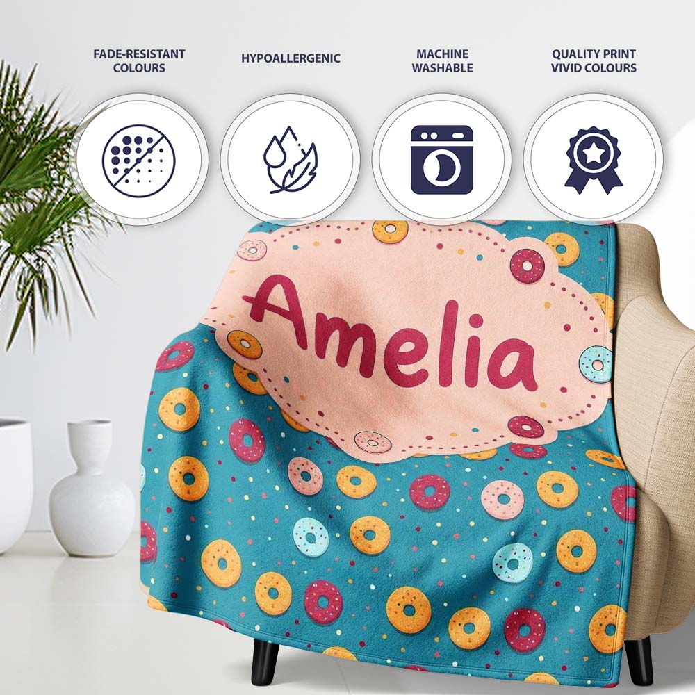 Playful Donut Sprinkle Pattern on Blue Background Seamless Name Cute Personalised Custom Name Super Soft Fleece Blanket Bed Sofa Throw