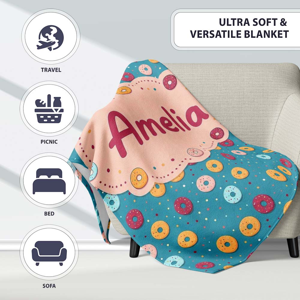 Playful Donut Sprinkle Pattern on Blue Background Seamless Name Cute Personalised Custom Name Super Soft Fleece Blanket Bed Sofa Throw