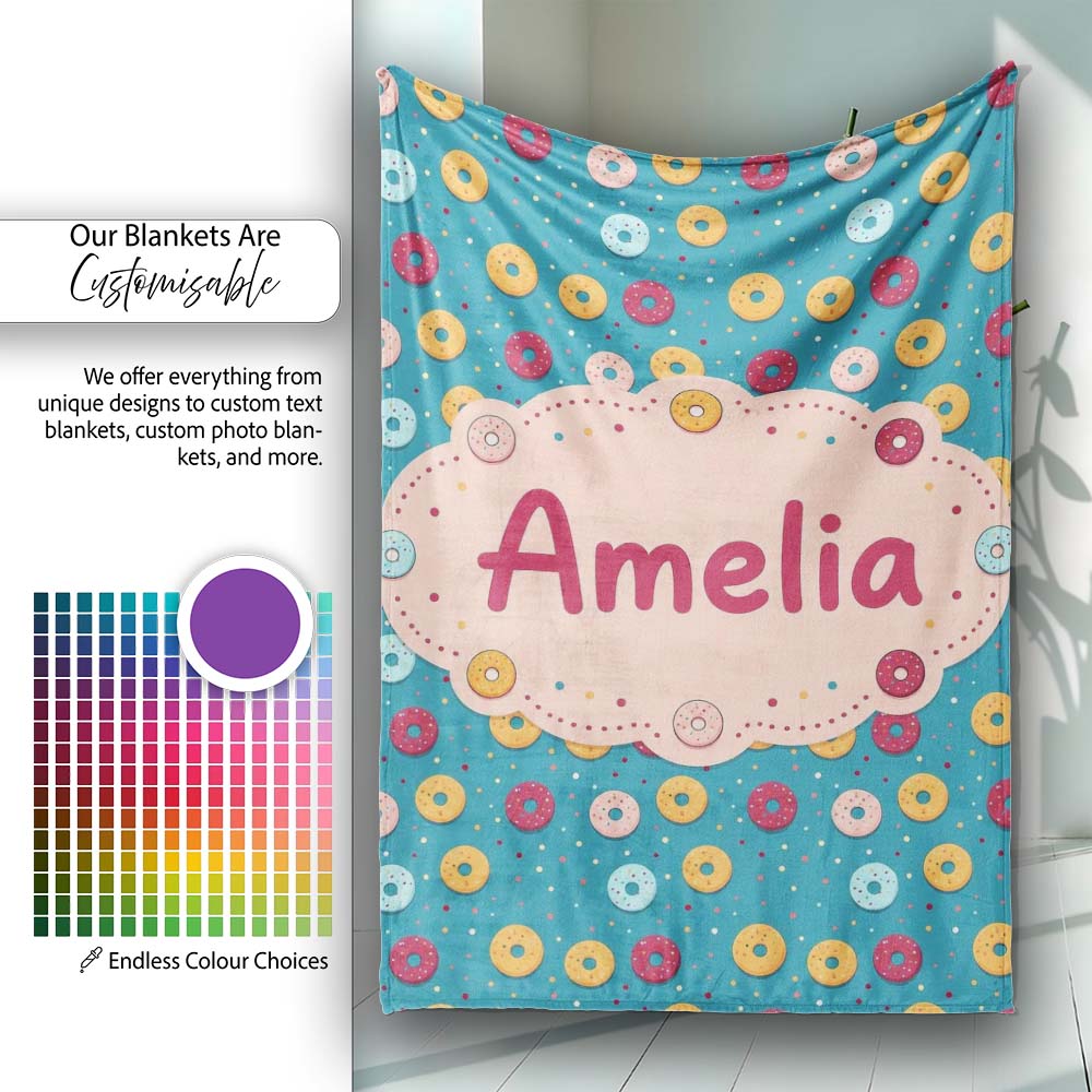 Playful Donut Sprinkle Pattern on Blue Background Seamless Name Cute Personalised Custom Name Super Soft Fleece Blanket Bed Sofa Throw