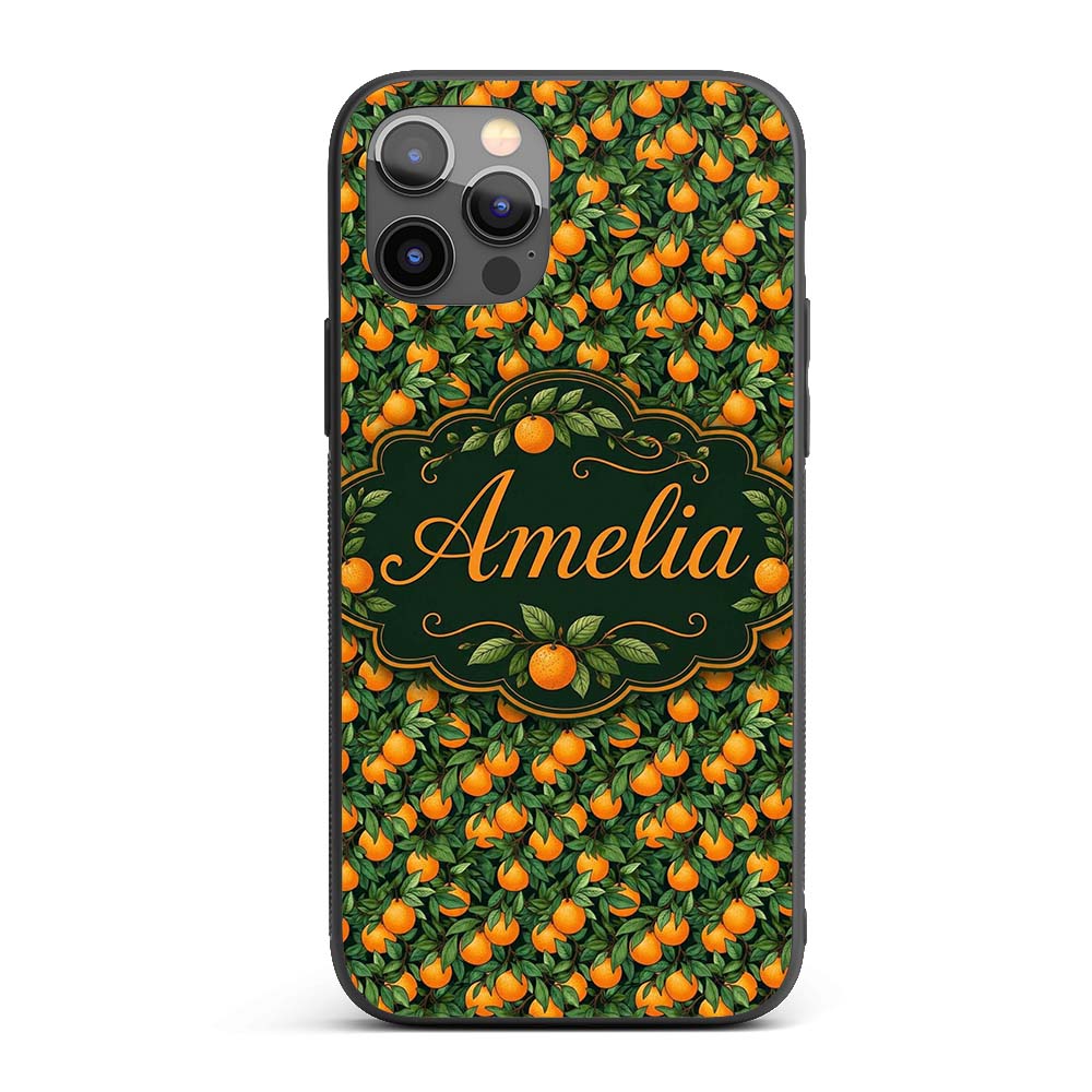 Orange Fruit Leaves Dense Botanical Seamless Custom Name Protective Phone Case Mobile Cover Durable Everyday Smartphone Shock Resistant