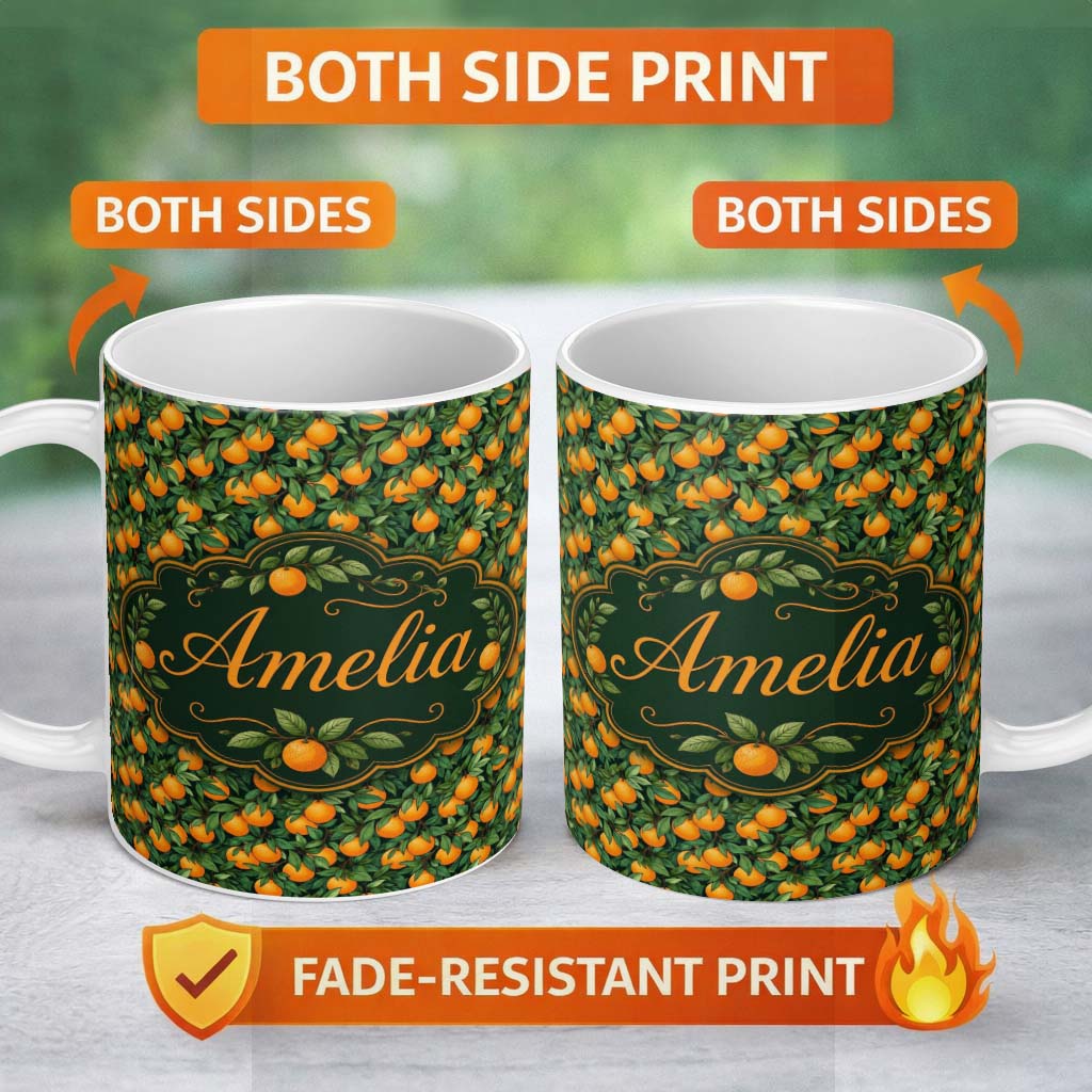 Personalized Custom Name Orange Fruit Leaves Dense Botanical Seamless Pattern Name Cute 11oz Ceramic Coffee Tea Mug White Large Handle