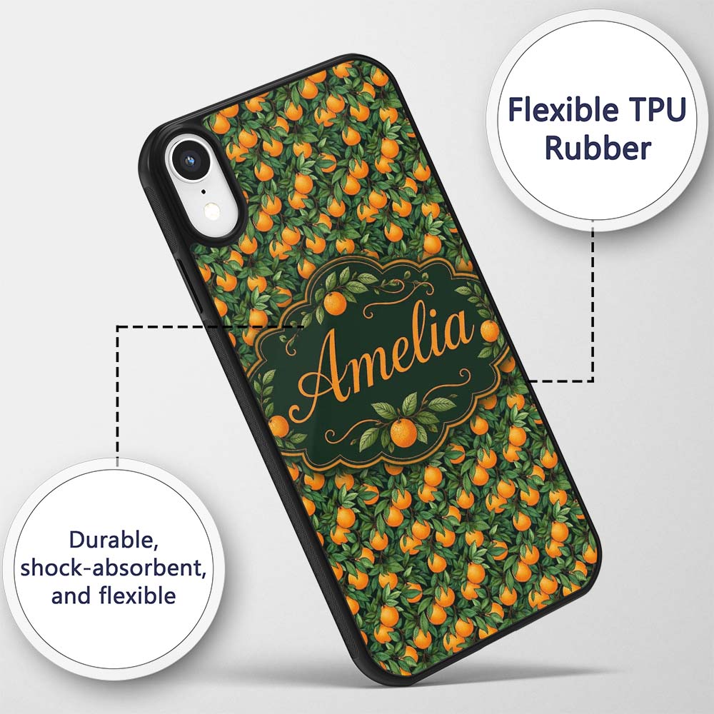 Orange Fruit Leaves Dense Botanical Seamless Custom Name Protective Phone Case Mobile Cover Durable Everyday Smartphone Shock Resistant