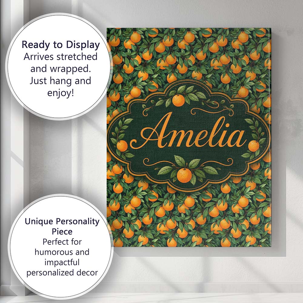 Personalised Name Orange Fruit Leaves Dense Custom Bespoke Interior Contemporary Canvas Wall Art Print Decor Picture Ready to Hang
