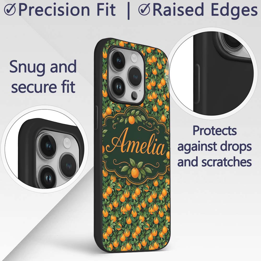 Orange Fruit Leaves Dense Botanical Seamless Custom Name Protective Phone Case Mobile Cover Durable Everyday Smartphone Shock Resistant