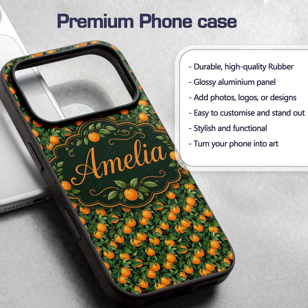 Orange Fruit Leaves Dense Botanical Seamless Custom Name Protective Phone Case Mobile Cover Durable Everyday Smartphone Shock Resistant