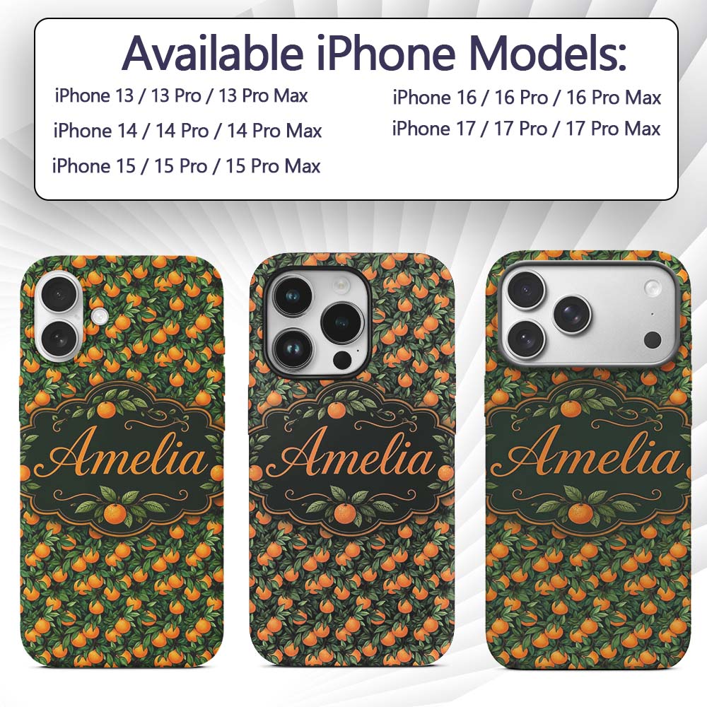 Orange Fruit Leaves Dense Botanical Seamless Custom Name Protective Phone Case Mobile Cover Durable Everyday Smartphone Shock Resistant