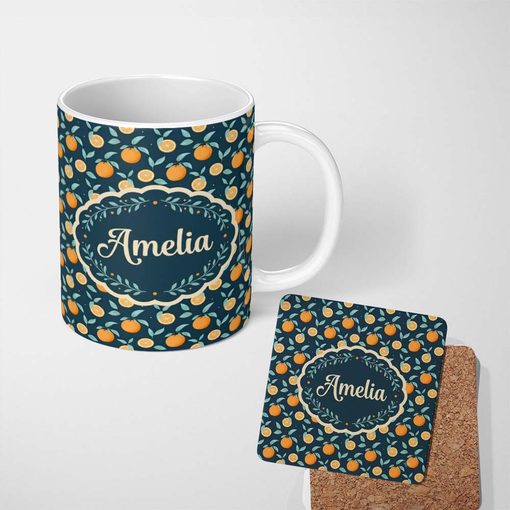 Personalized Custom Name Cute Orange Slice and Leaf Pattern on Dark Background Seamless 11oz Ceramic Coffee Tea Mug White Large Handle