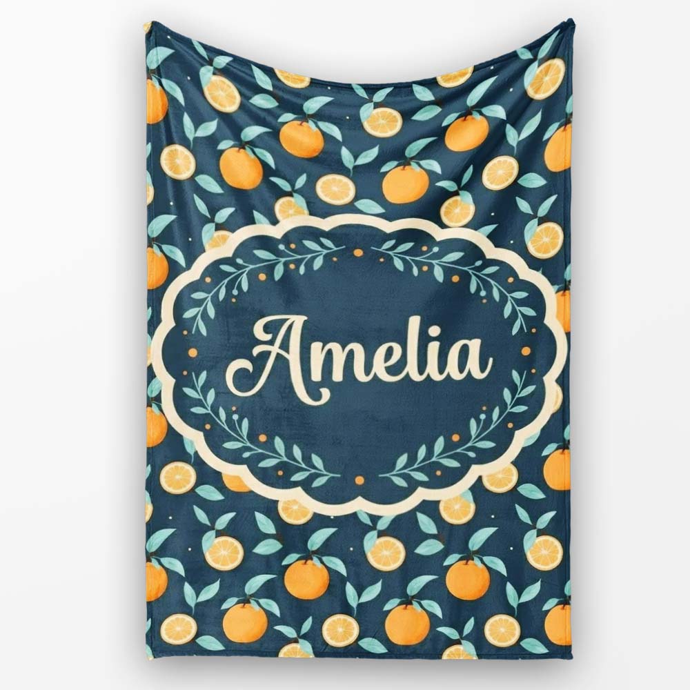 Cute Orange Slice and Leaf Pattern on Dark Background Seamless Personalised Custom Name Super Soft Fleece Blanket Bed Sofa Throw