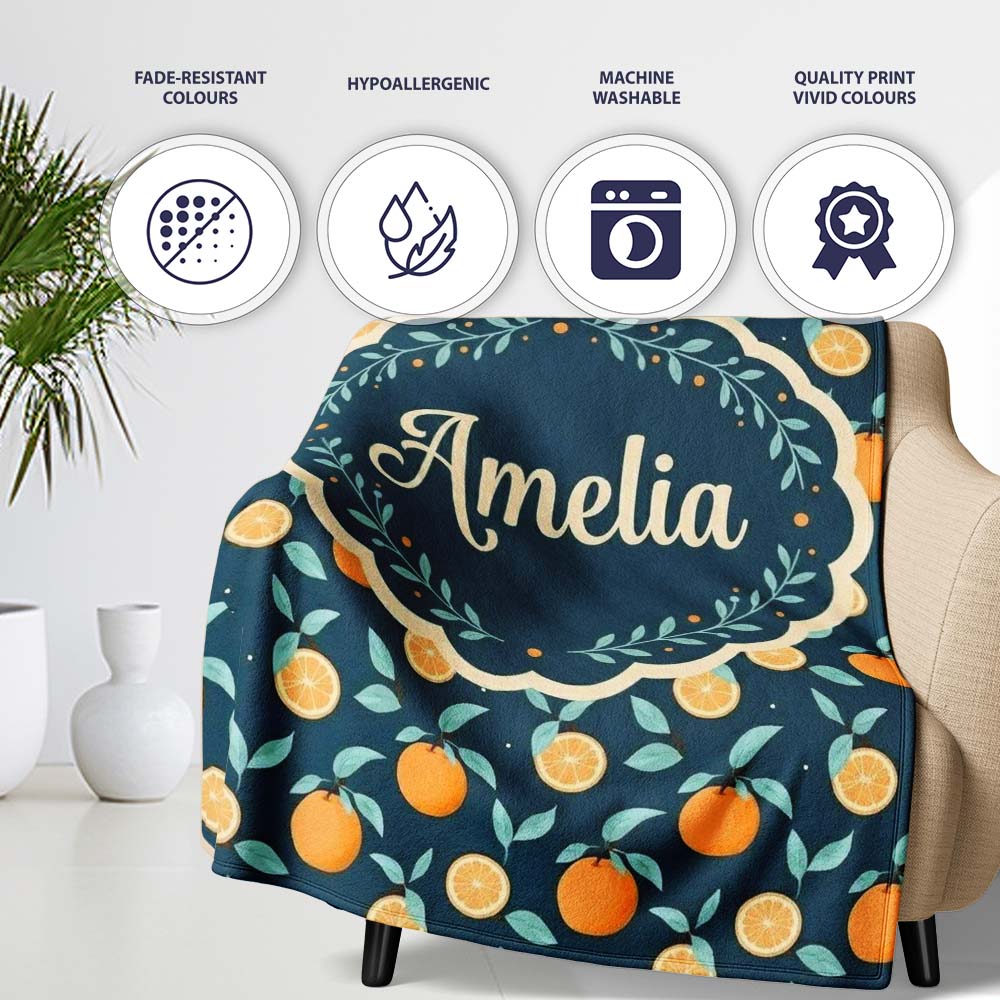 Cute Orange Slice and Leaf Pattern on Dark Background Seamless Personalised Custom Name Super Soft Fleece Blanket Bed Sofa Throw