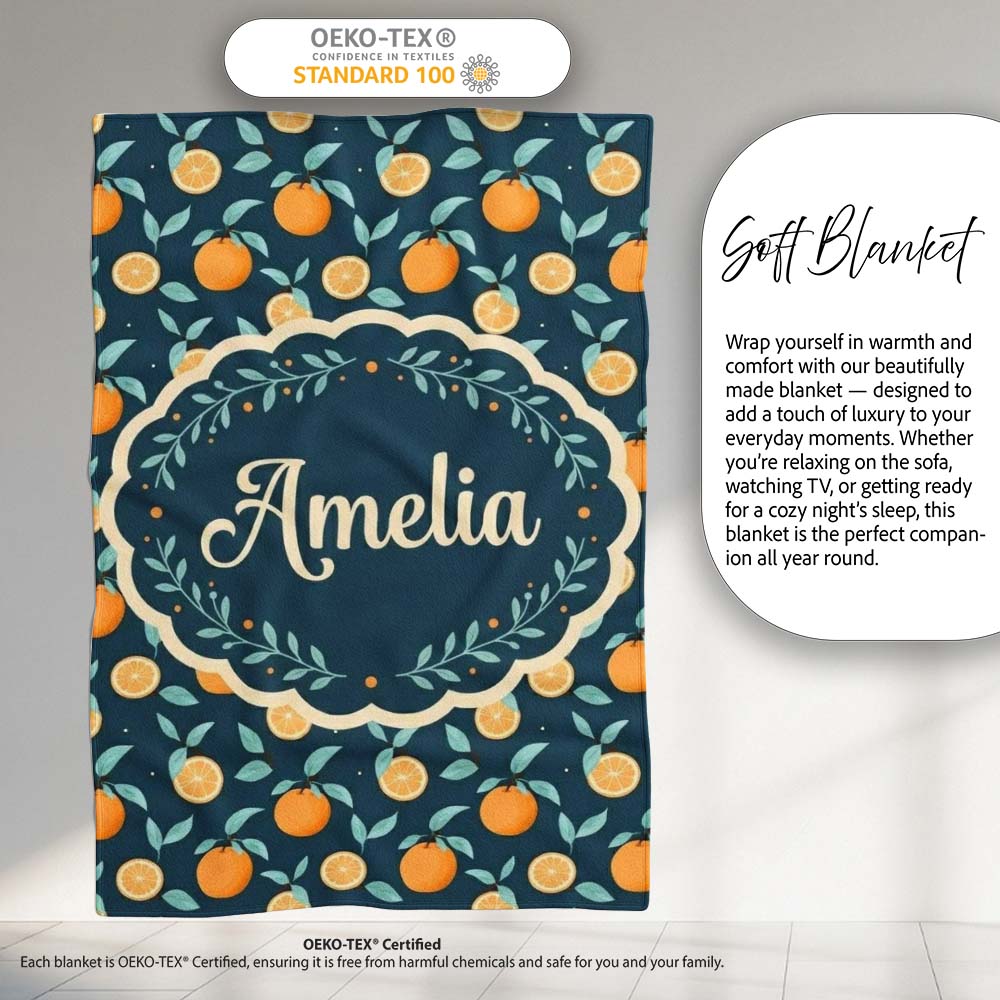 Cute Orange Slice and Leaf Pattern on Dark Background Seamless Personalised Custom Name Super Soft Fleece Blanket Bed Sofa Throw