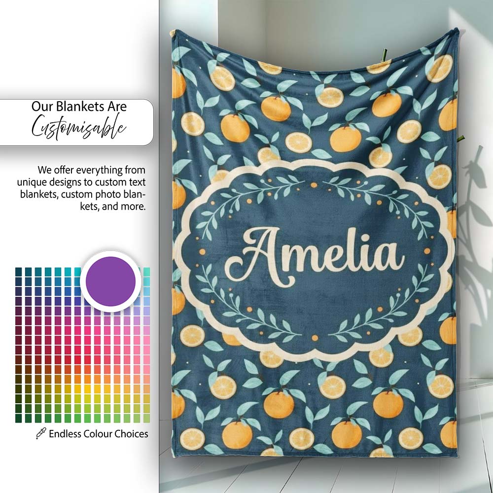 Cute Orange Slice and Leaf Pattern on Dark Background Seamless Personalised Custom Name Super Soft Fleece Blanket Bed Sofa Throw