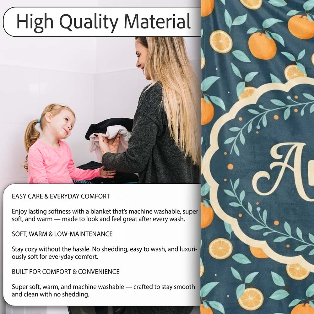 Cute Orange Slice and Leaf Pattern on Dark Background Seamless Personalised Custom Name Super Soft Fleece Blanket Bed Sofa Throw