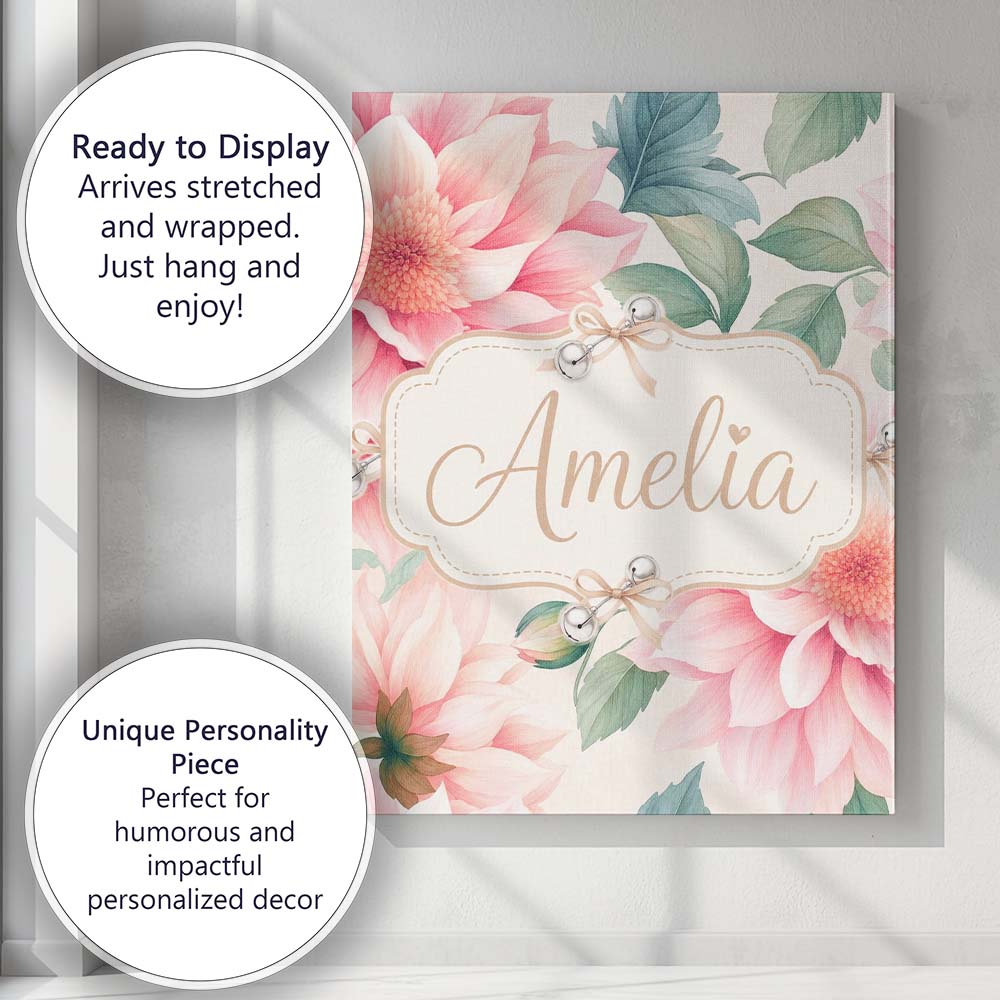 Personalised Name Watercolor Pink Peony Custom Modern Room Accent Elegant Feature Canvas Wall Art Print Decor Picture Ready to Hang