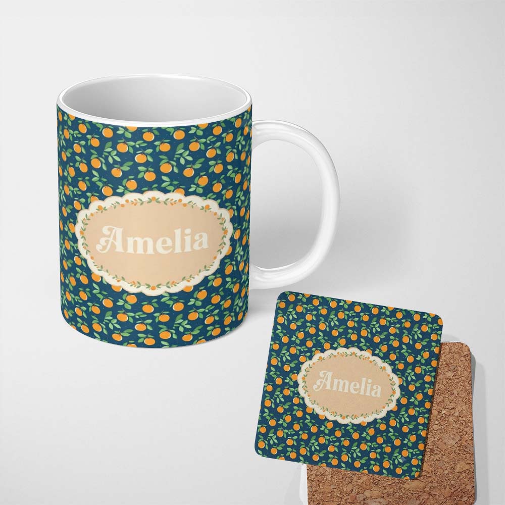 Personalized Custom Name Simple Orange Fruit Toss Pattern on Blue Background Seamless Name 11oz Ceramic Coffee Tea Mug White Large Handle