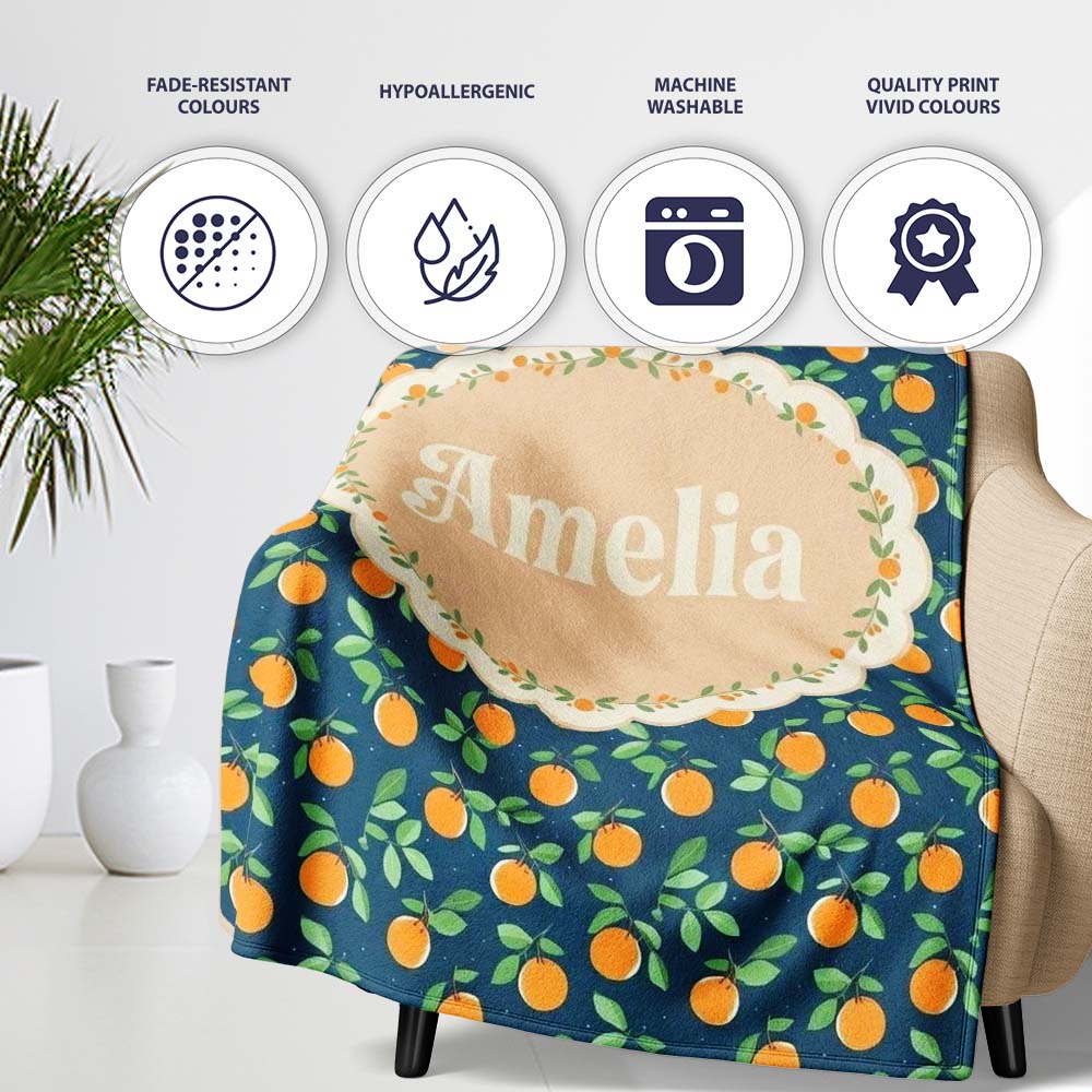 Simple Orange Fruit Toss Pattern on Blue Background Seamless Name Personalised Custom Name Super Soft Fleece Blanket Bed Sofa Throw