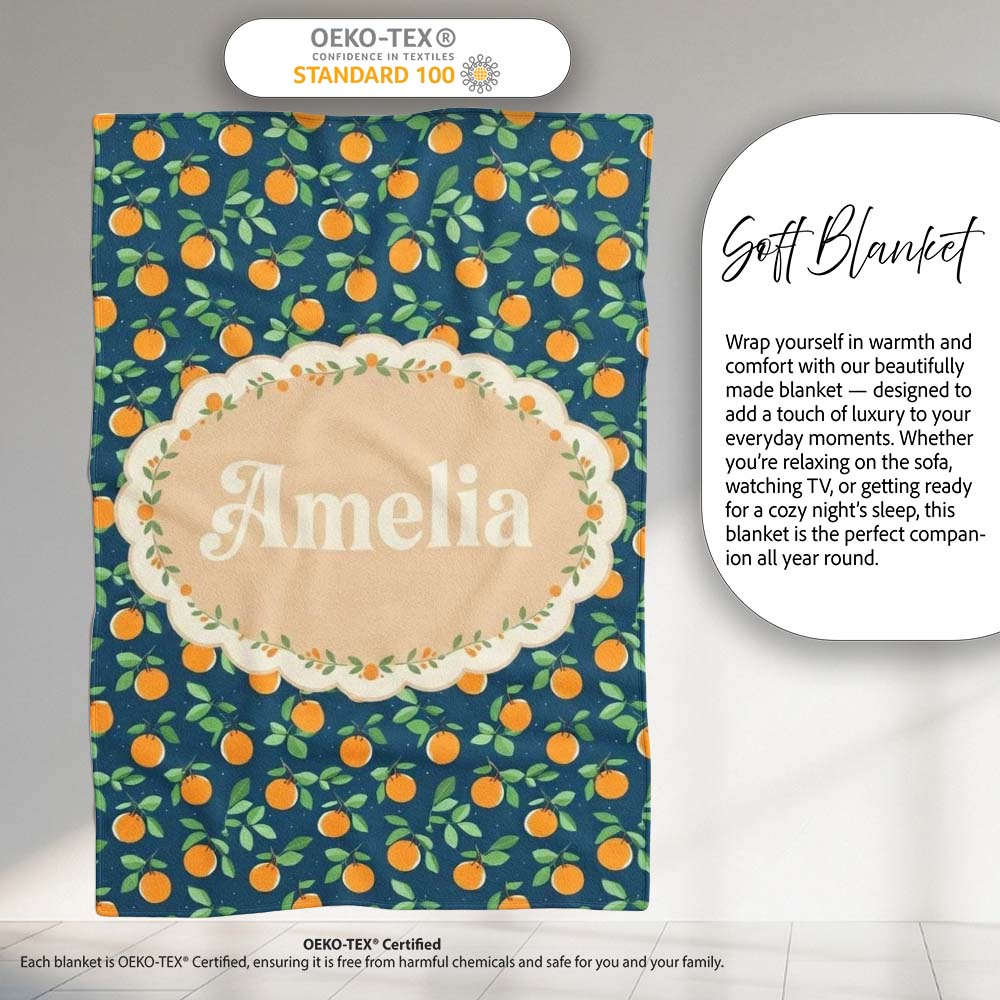 Simple Orange Fruit Toss Pattern on Blue Background Seamless Name Personalised Custom Name Super Soft Fleece Blanket Bed Sofa Throw