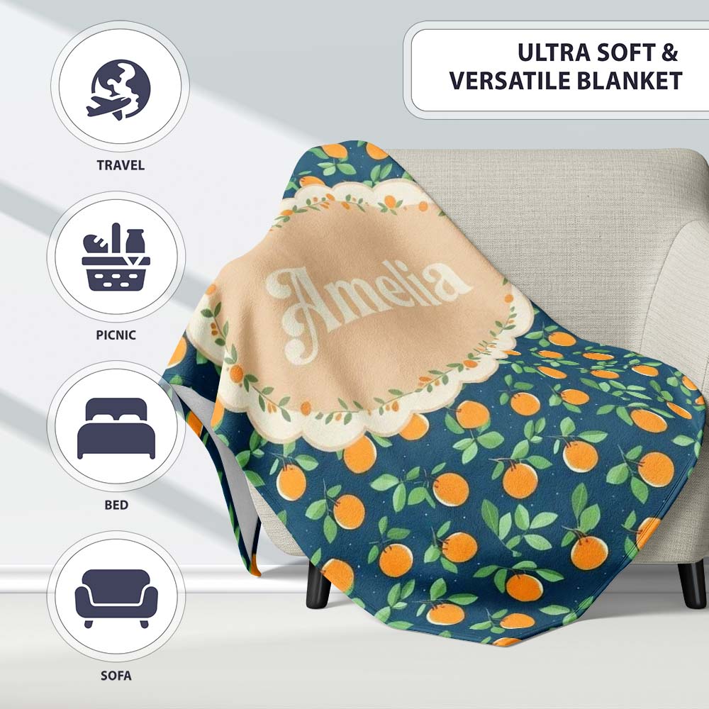 Simple Orange Fruit Toss Pattern on Blue Background Seamless Name Personalised Custom Name Super Soft Fleece Blanket Bed Sofa Throw