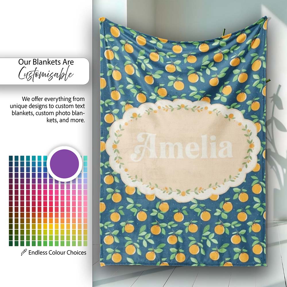 Simple Orange Fruit Toss Pattern on Blue Background Seamless Name Personalised Custom Name Super Soft Fleece Blanket Bed Sofa Throw