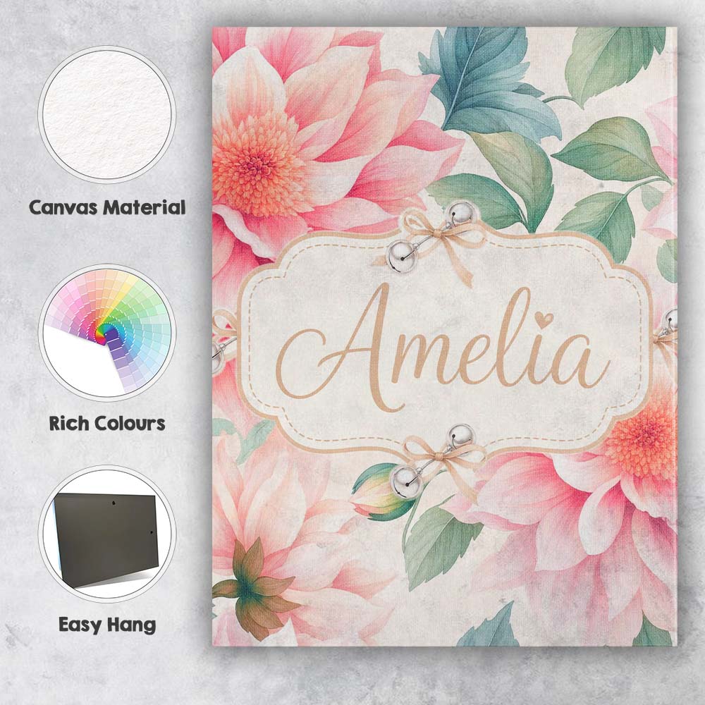 Personalised Name Watercolor Pink Peony Custom Modern Room Accent Elegant Feature Canvas Wall Art Print Decor Picture Ready to Hang