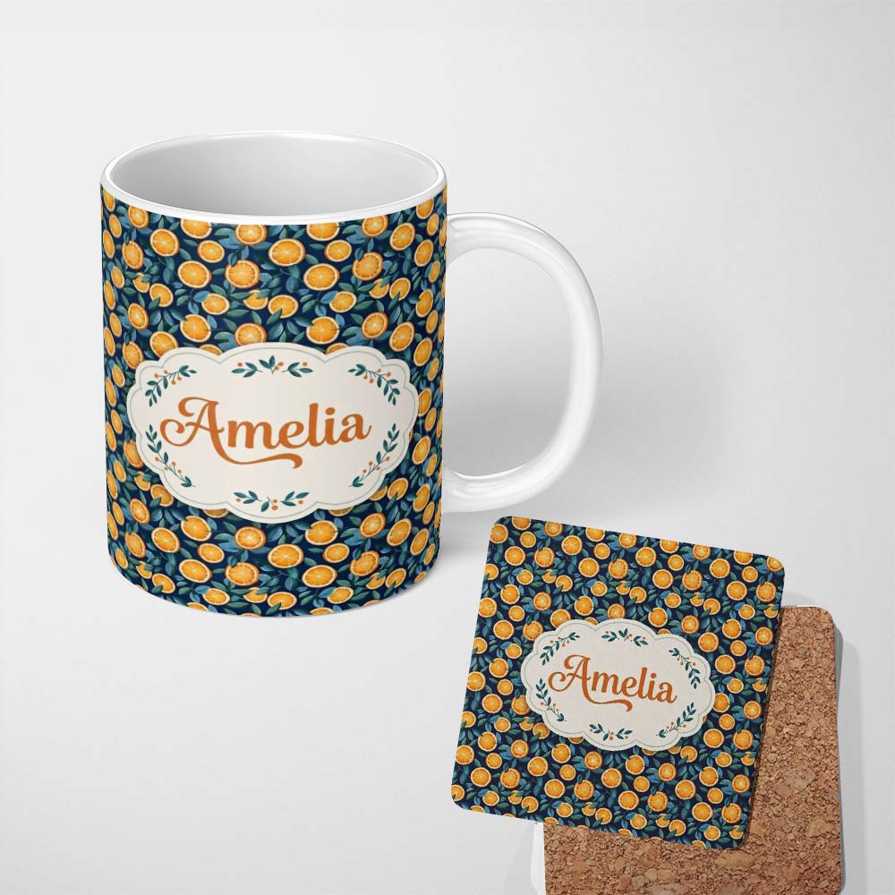 Personalized Custom Name Detailed Orange Slice and Leaf Pattern on Dark Blue Seamless Name 11oz Ceramic Coffee Tea Mug White Large Handle