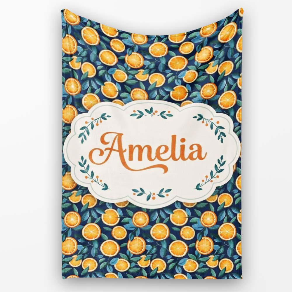 Detailed Orange Slice and Leaf Pattern on Dark Blue Seamless Name Personalised Custom Name Super Soft Fleece Blanket Bed Sofa Throw