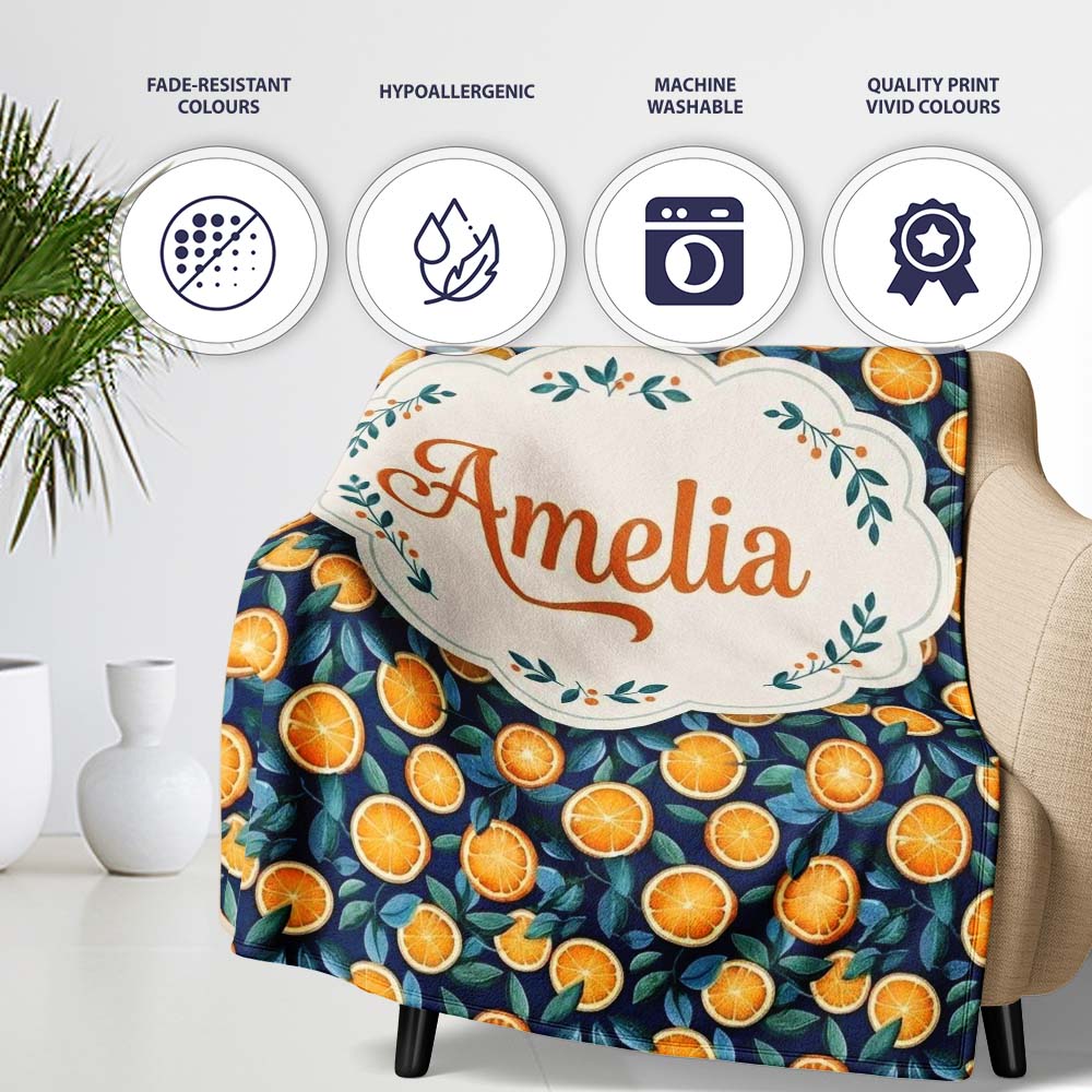 Detailed Orange Slice and Leaf Pattern on Dark Blue Seamless Name Personalised Custom Name Super Soft Fleece Blanket Bed Sofa Throw