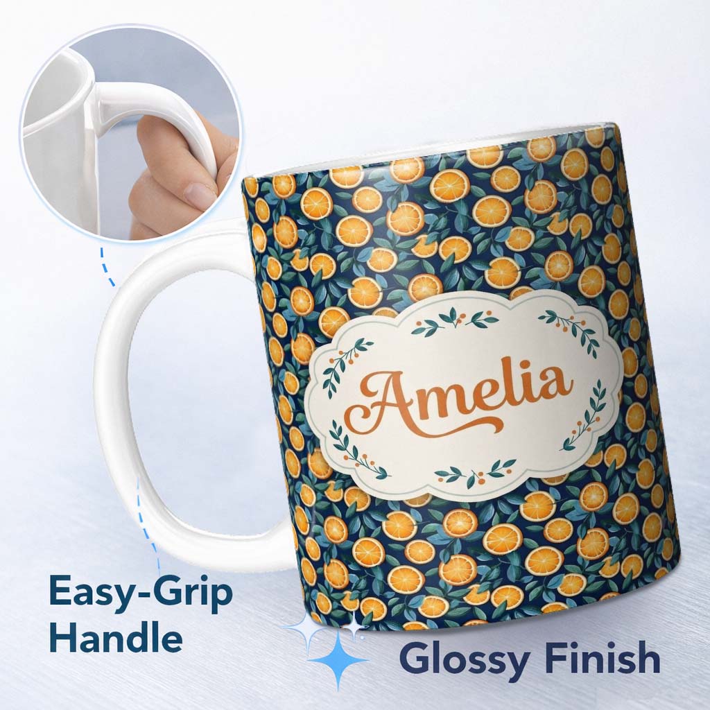 Personalized Custom Name Detailed Orange Slice and Leaf Pattern on Dark Blue Seamless Name 11oz Ceramic Coffee Tea Mug White Large Handle