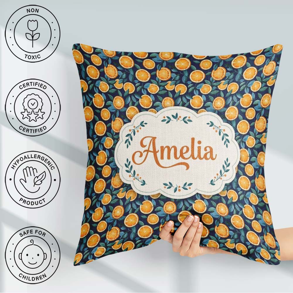 Custom Name Detailed Orange Slice and Leaf on Dark Blue Seamless Square Filled Cushion Throw Pillow Sofa Bed Home Decor Zip Washable UK Made