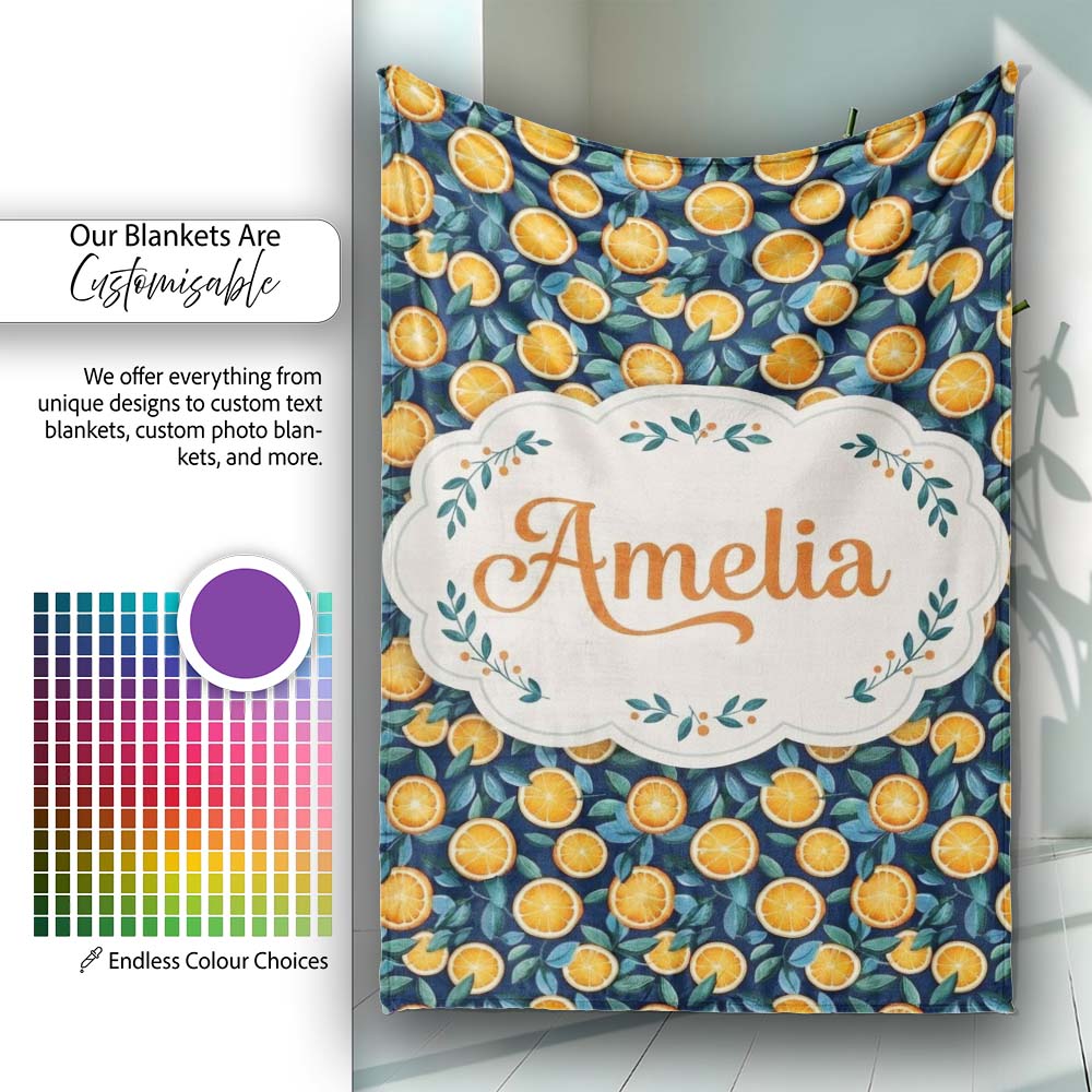 Detailed Orange Slice and Leaf Pattern on Dark Blue Seamless Name Personalised Custom Name Super Soft Fleece Blanket Bed Sofa Throw