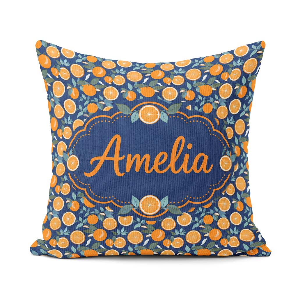 Custom Name Orange Fruit Citrus Slice Pattern on Navy Background Square Filled Cushion Throw Pillow Sofa Bed Home Decor Zip Washable UK Made
