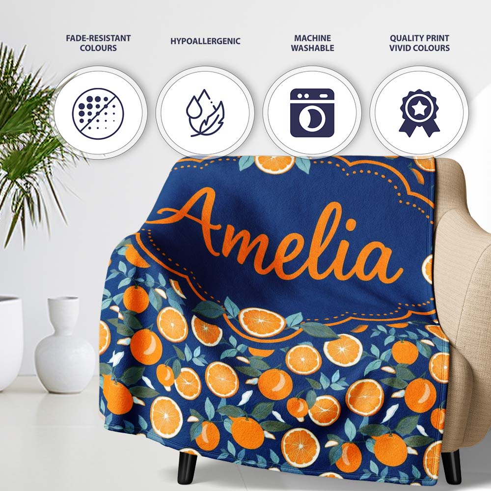 Orange Fruit and Citrus Slice Pattern on Navy Background Seamless Personalised Custom Name Super Soft Fleece Blanket Bed Sofa Throw