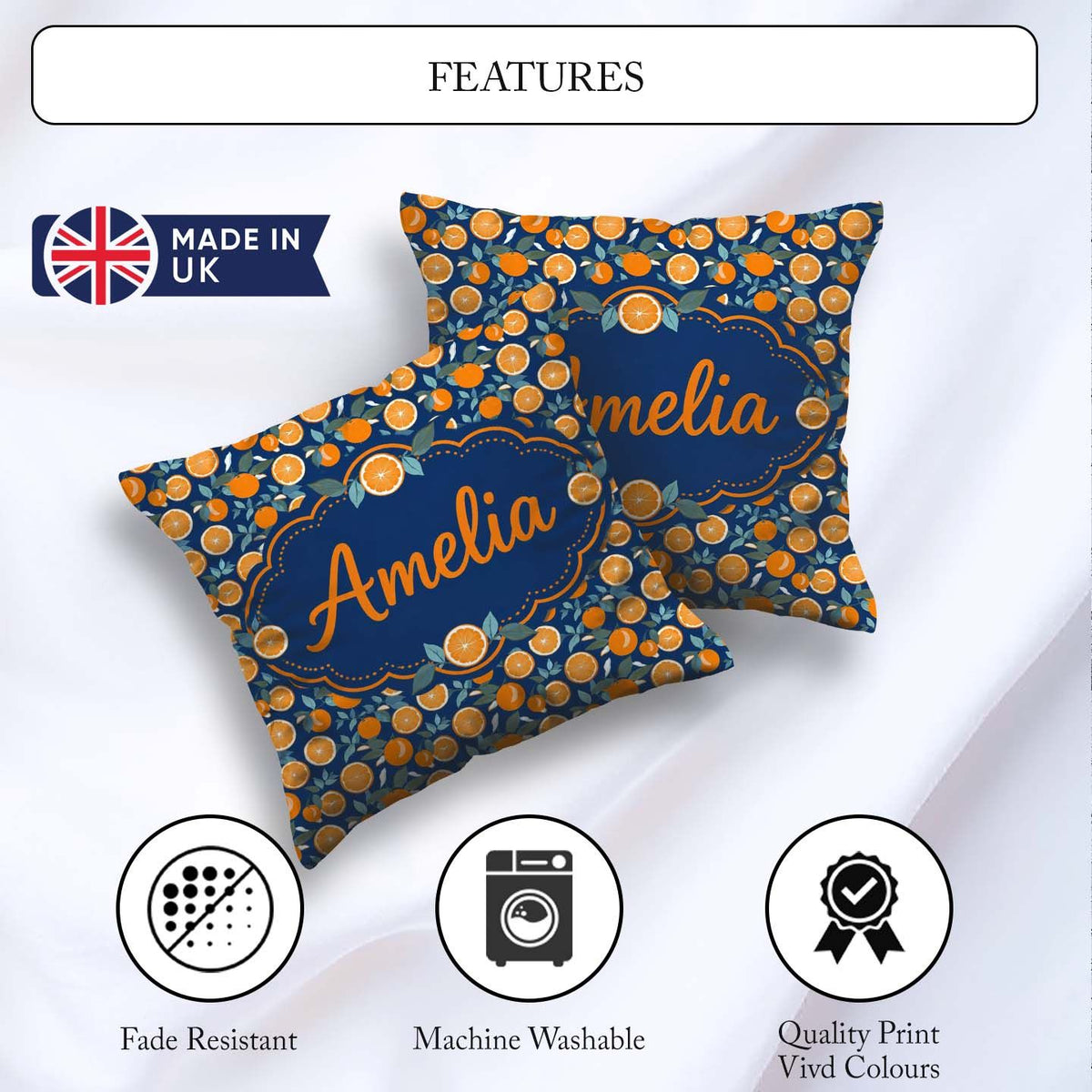 Custom Name Orange Fruit Citrus Slice Pattern on Navy Background Square Filled Cushion Throw Pillow Sofa Bed Home Decor Zip Washable UK Made