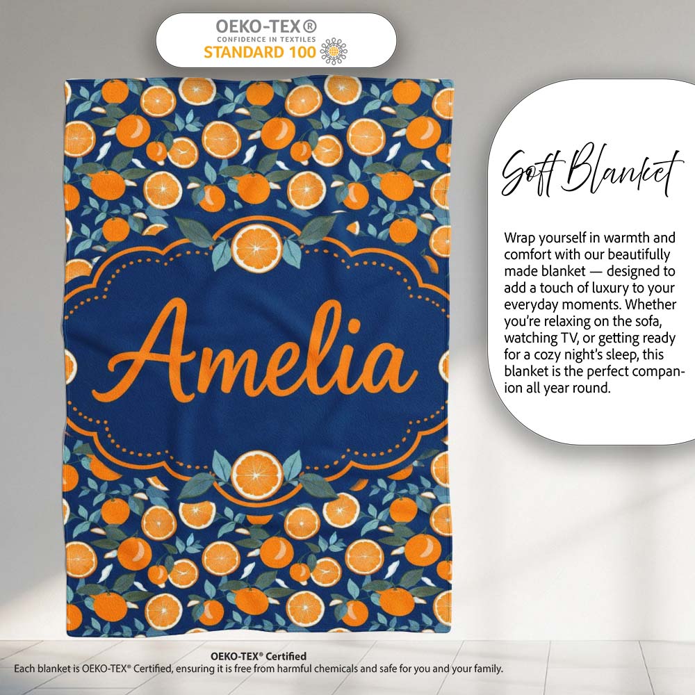 Orange Fruit and Citrus Slice Pattern on Navy Background Seamless Personalised Custom Name Super Soft Fleece Blanket Bed Sofa Throw