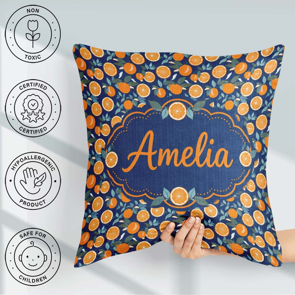 Custom Name Orange Fruit Citrus Slice Pattern on Navy Background Square Filled Cushion Throw Pillow Sofa Bed Home Decor Zip Washable UK Made