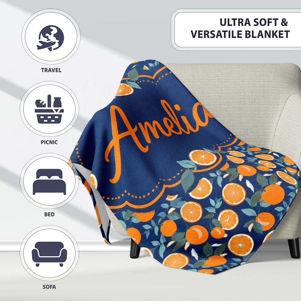 Orange Fruit and Citrus Slice Pattern on Navy Background Seamless Personalised Custom Name Super Soft Fleece Blanket Bed Sofa Throw