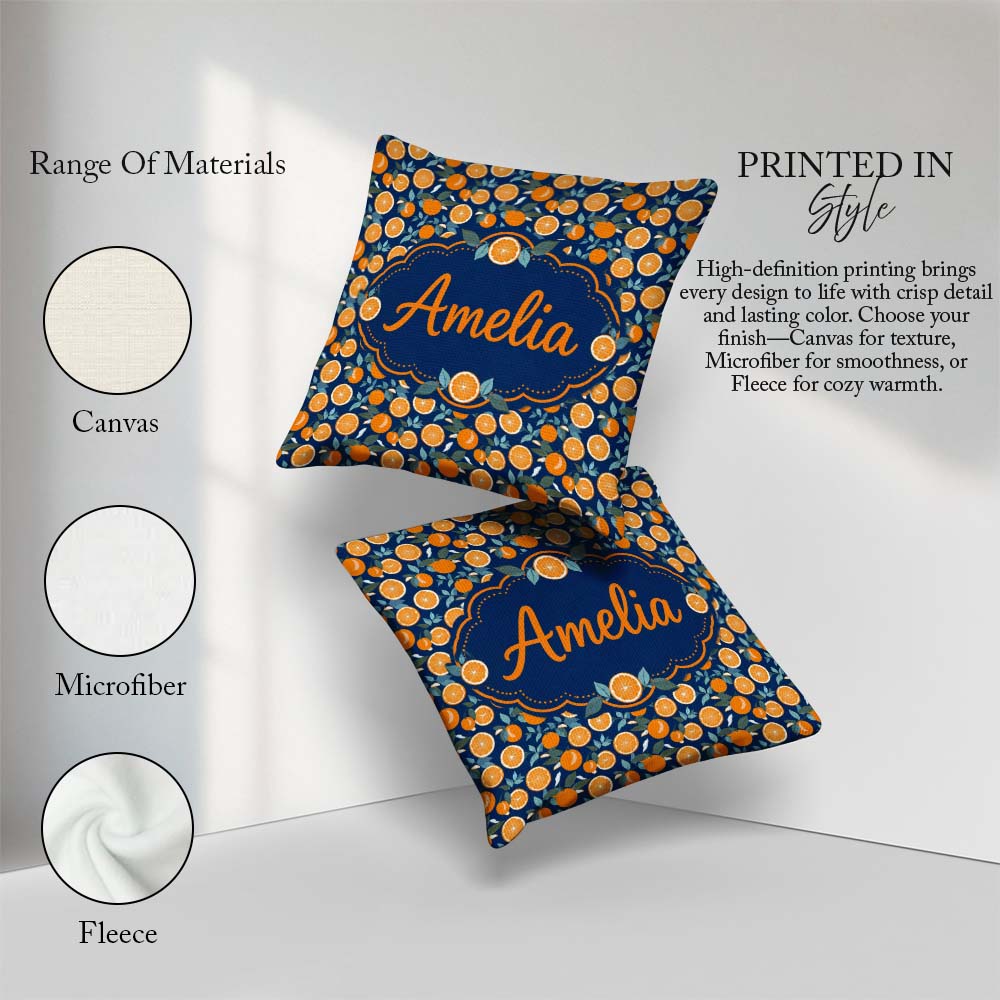 Custom Name Orange Fruit Citrus Slice Pattern on Navy Background Square Filled Cushion Throw Pillow Sofa Bed Home Decor Zip Washable UK Made