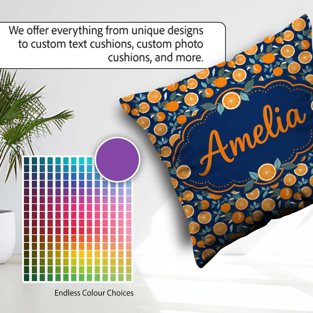 Custom Name Orange Fruit Citrus Slice Pattern on Navy Background Square Filled Cushion Throw Pillow Sofa Bed Home Decor Zip Washable UK Made