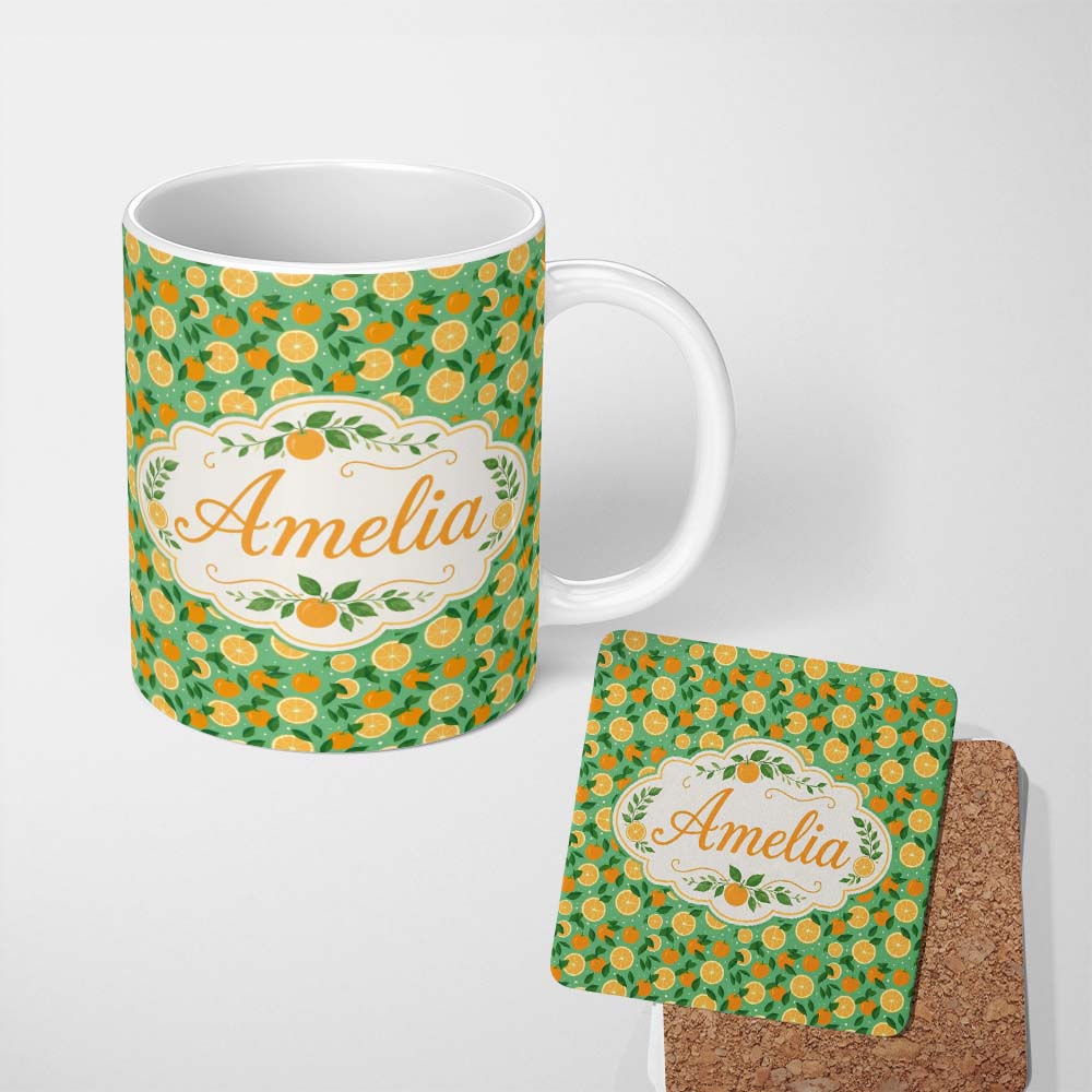Personalized Custom Name Cute Orange and Leaf Pattern on Soft Green Background Seamless 11oz Ceramic Coffee Tea Mug White Large Handle