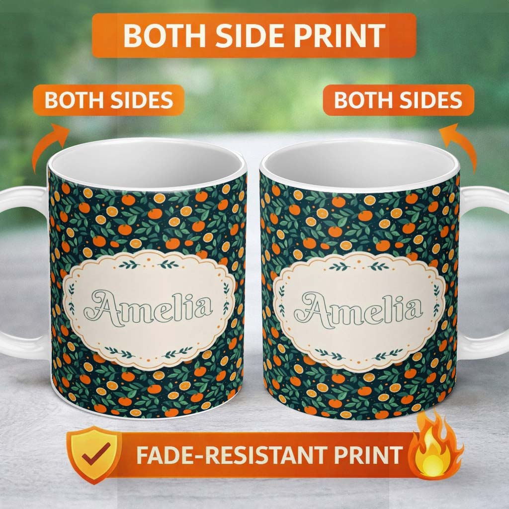 Personalized Custom Name Minimal Orange Fruit and Leaf Pattern on Dark Teal Background 11oz Ceramic Coffee Tea Mug White Large Handle