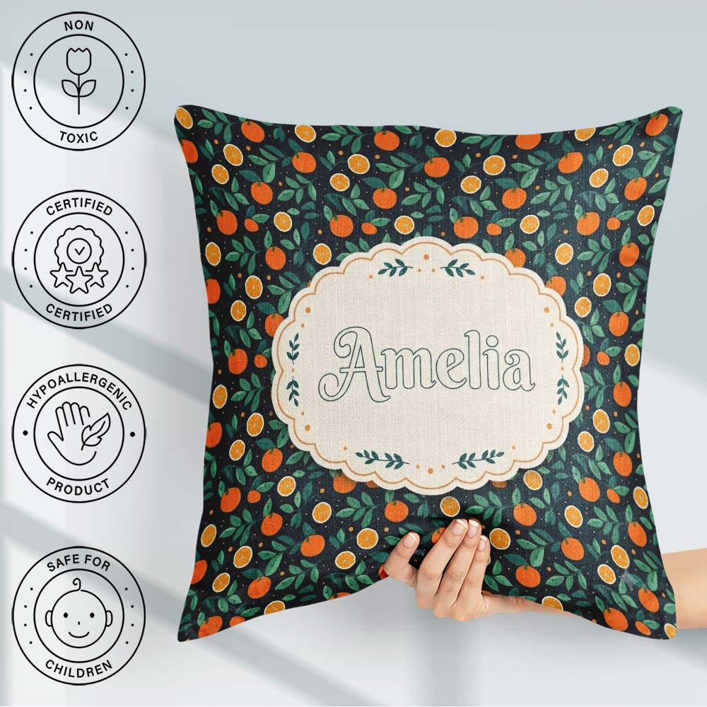 Custom Name Minimal Orange Fruit and Leaf Pattern on Dark Teal Square Filled Cushion Throw Pillow Sofa Bed Home Decor Zip Washable UK Made