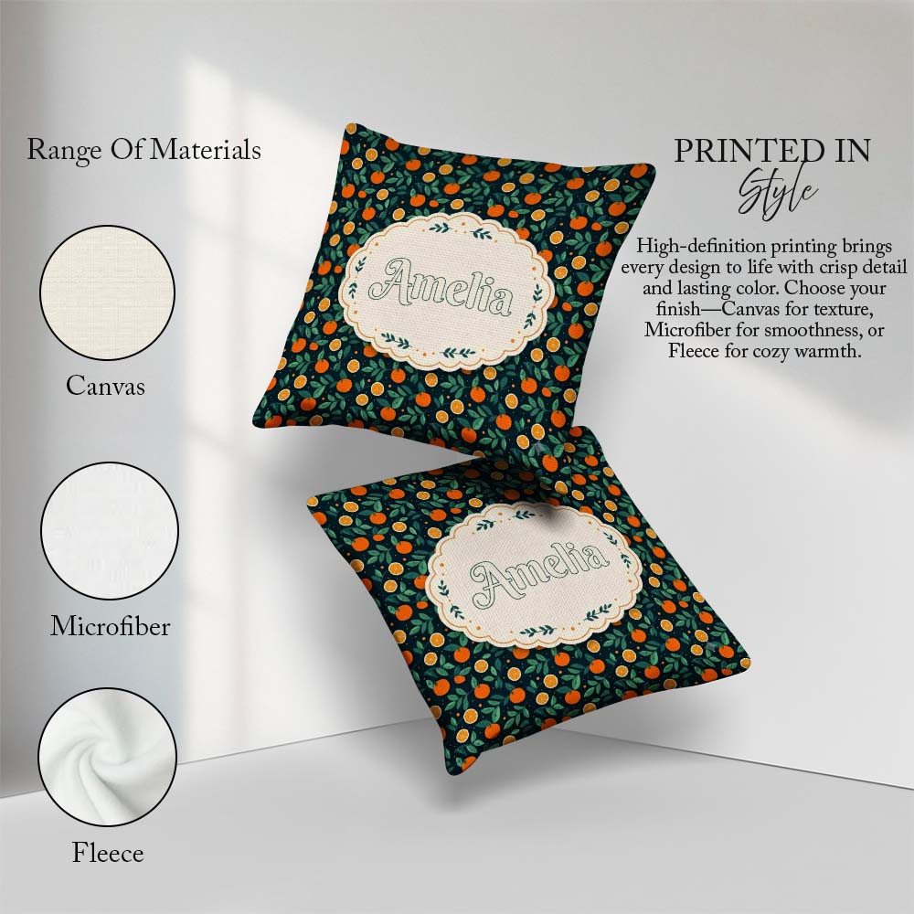 Custom Name Minimal Orange Fruit and Leaf Pattern on Dark Teal Square Filled Cushion Throw Pillow Sofa Bed Home Decor Zip Washable UK Made