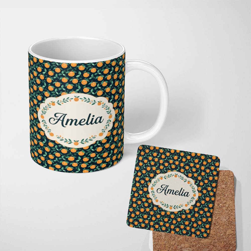 Personalized Custom Name Small Orange Fruit Toss Pattern on Dark Background Seamless Name 11oz Ceramic Coffee Tea Mug White Large Handle