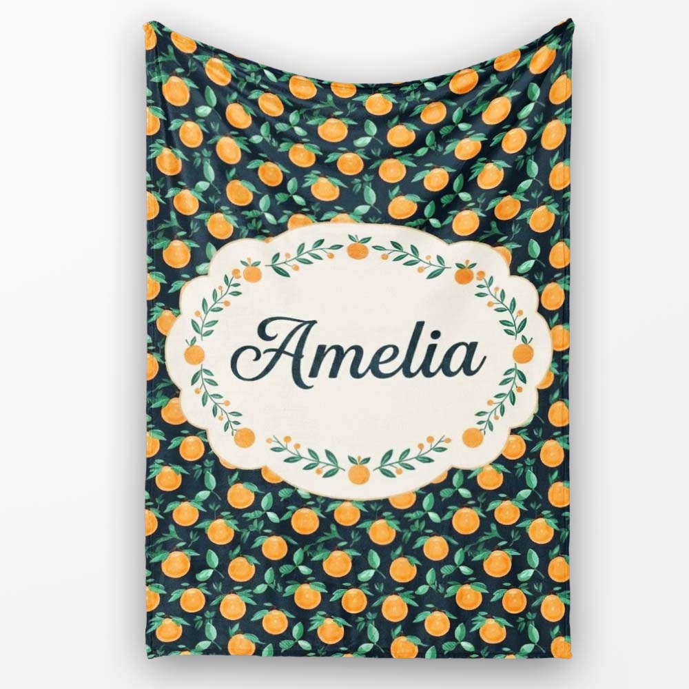 Small Orange Fruit Toss Pattern on Dark Background Seamless Name Personalised Custom Name Super Soft Fleece Blanket Bed Sofa Throw