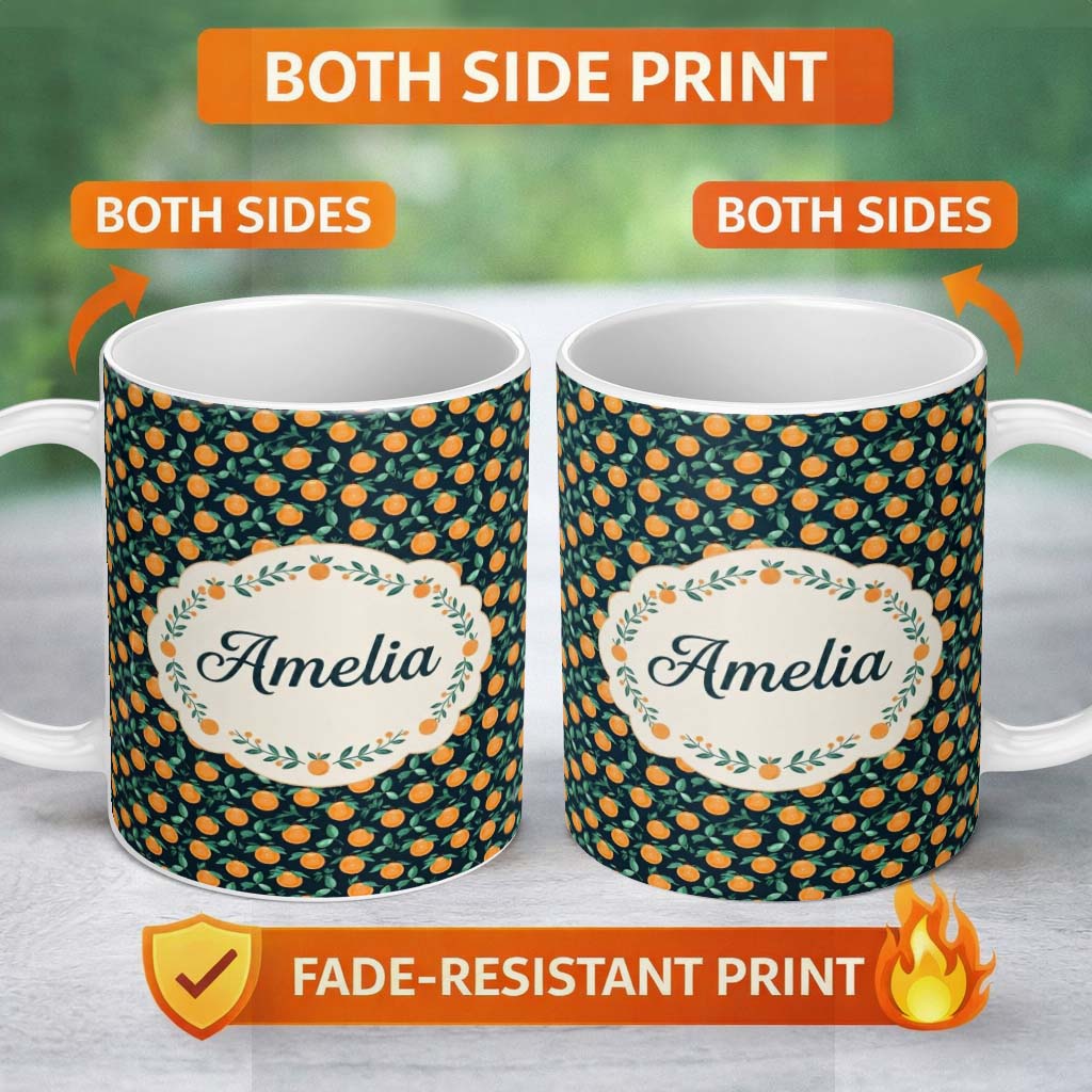 Personalized Custom Name Small Orange Fruit Toss Pattern on Dark Background Seamless Name 11oz Ceramic Coffee Tea Mug White Large Handle