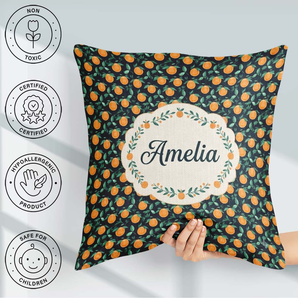 Custom Name Small Fruit Toss Pattern on Dark Background Seamless Square Filled Cushion Throw Pillow Sofa Bed Home Decor Zip Washable UK Made