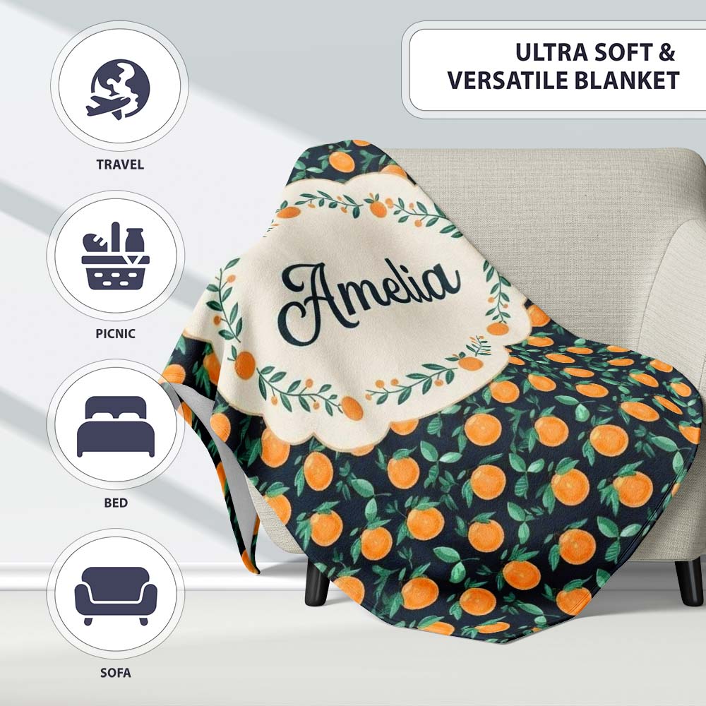 Small Orange Fruit Toss Pattern on Dark Background Seamless Name Personalised Custom Name Super Soft Fleece Blanket Bed Sofa Throw