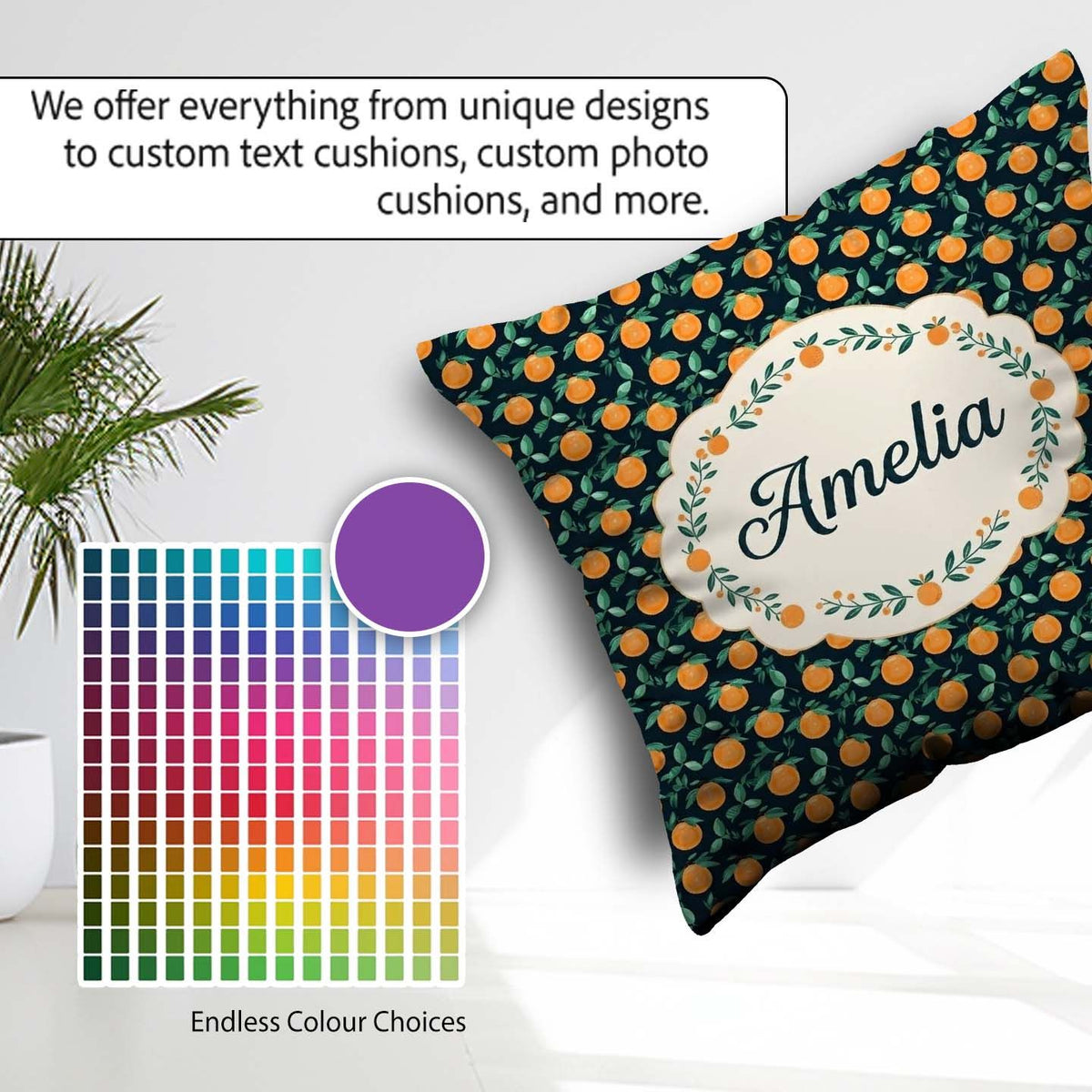 Custom Name Small Fruit Toss Pattern on Dark Background Seamless Square Filled Cushion Throw Pillow Sofa Bed Home Decor Zip Washable UK Made
