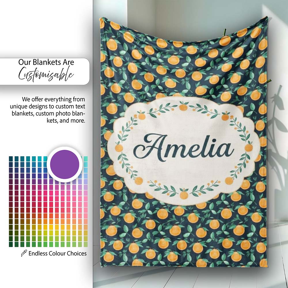 Small Orange Fruit Toss Pattern on Dark Background Seamless Name Personalised Custom Name Super Soft Fleece Blanket Bed Sofa Throw