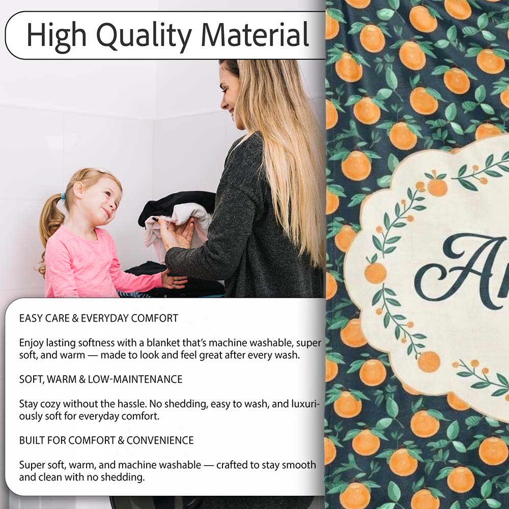 Small Orange Fruit Toss Pattern on Dark Background Seamless Name Personalised Custom Name Super Soft Fleece Blanket Bed Sofa Throw